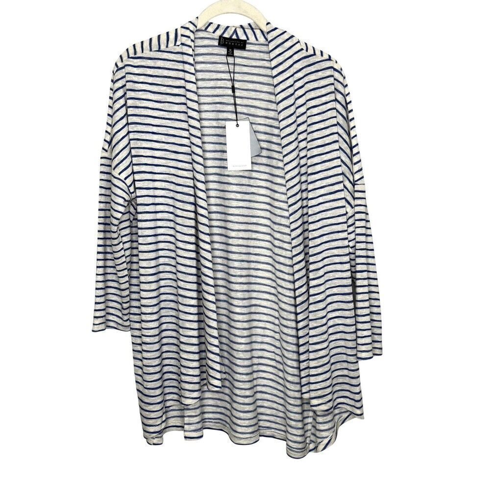 Bobeau Cardigan Womens Medium Blue White Striped Open Front Lightweight Sweater